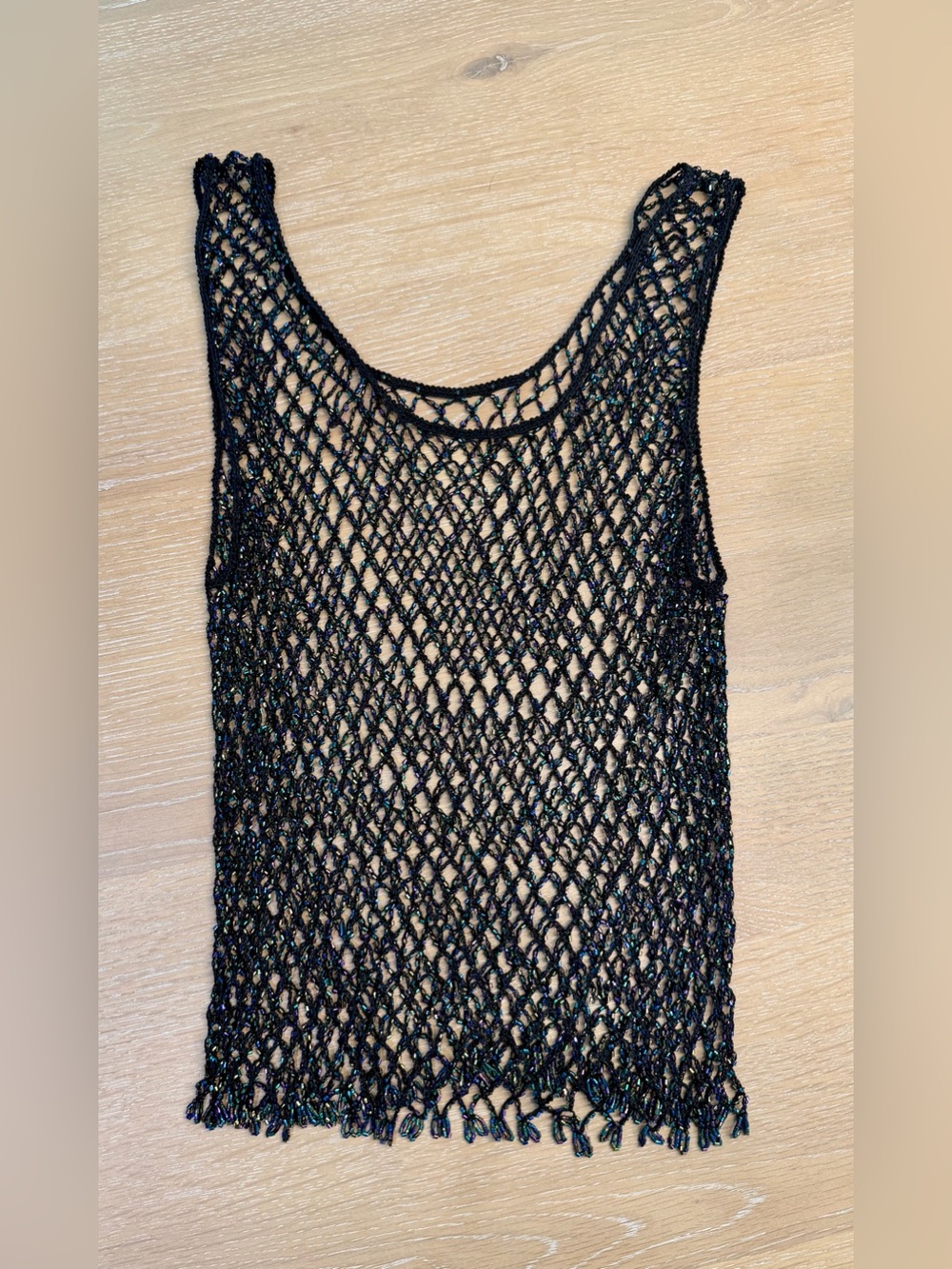 Vintage 90s Y2K Iridescent Beaded Crochet Fishnet Mesh Tank Top OS